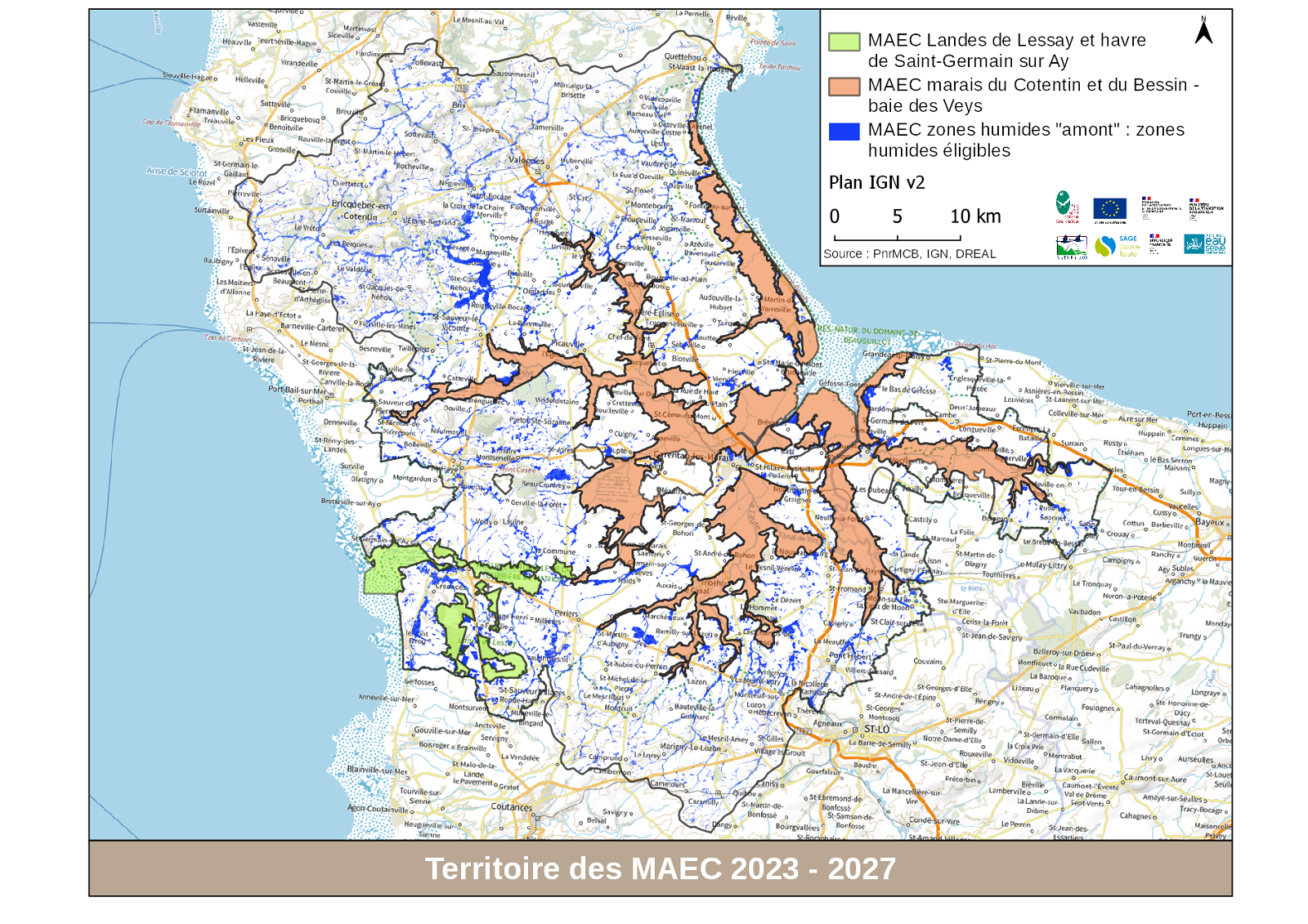 Carte des PAEC du territoire du Pnr des Marais du Cotentin et du Bessin
